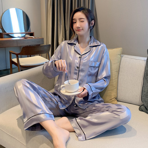 Striped silk-like ice silk pajamas women's Korean-style jacquard home wear new two-piece live delivery cross-border wholesale