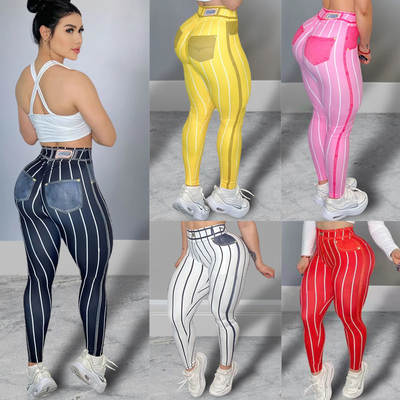 Temu European and American cross-border popular denim line printed yoga pants high waist sexy trendy sports fitness pants for women