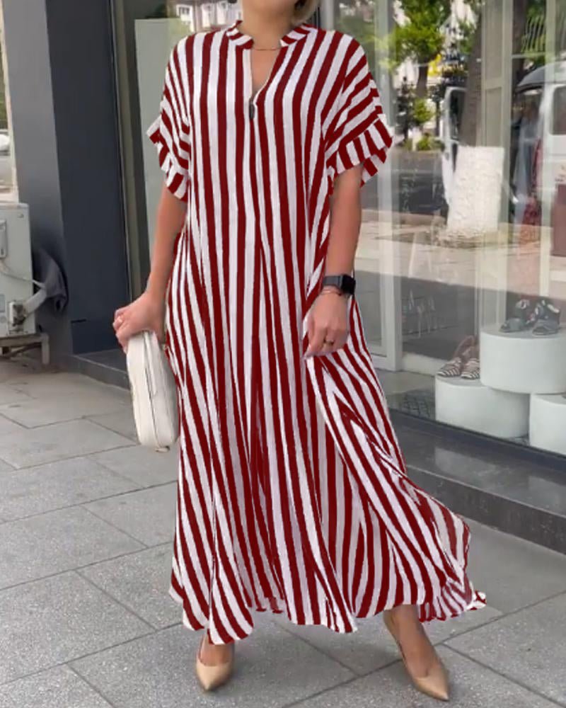 2022 European and American Women's AliExpress Independent Station Fashion Side Split Striped Cardigan Short Sleeve Dress W2865