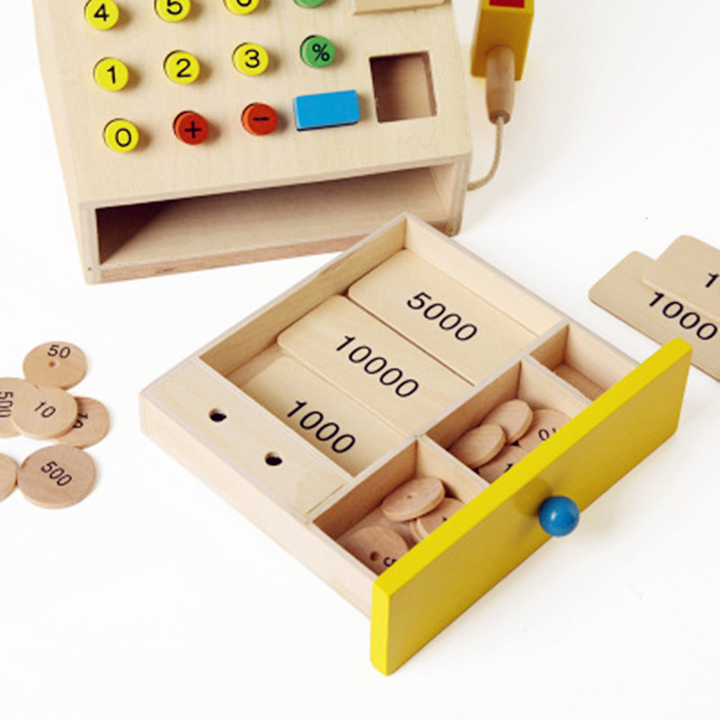 Wooden simulation Cash Register parent-child interaction play house educational toys infant supermarket cashier mathematics teaching aids