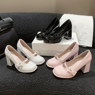 Sweet Single-layer Shoes French Retro Thick High Heels Mary Jane Shoes 2024 Spring New Bow Black Buckle Single-layer Shoes for Women