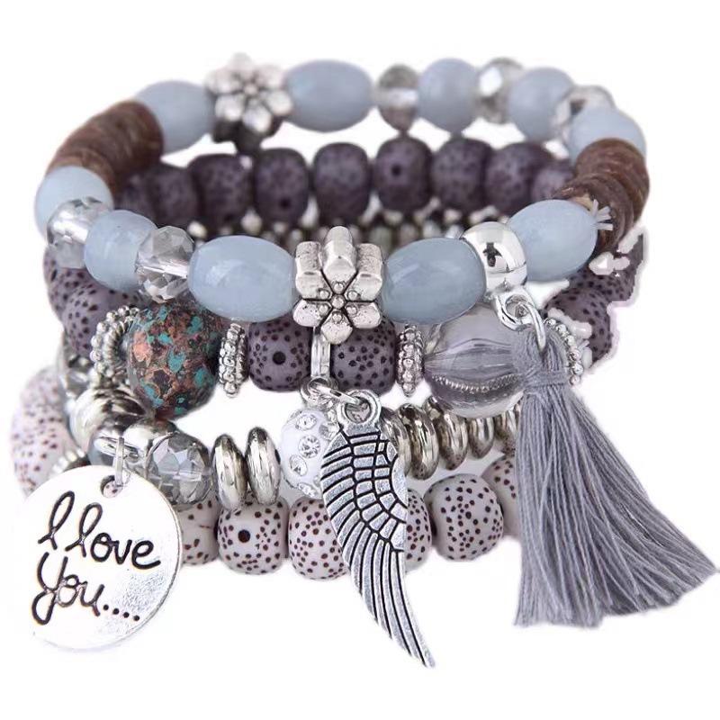 New Crystal Opal Wings love Beaded Bracelet Multi-Circle Tassel Bracelet Vintage Ethnic Style Jewelry