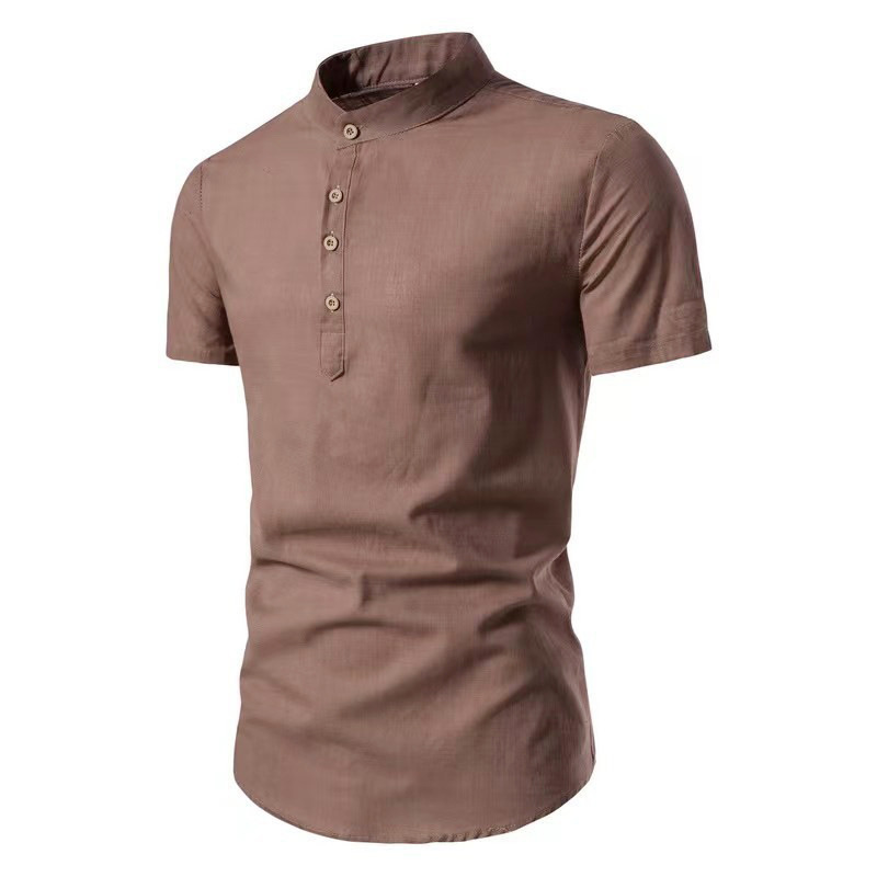 2024 shirt men's fashion slim-fit solid color short-sleeved business stand collar cotton and linen half-open men's shirt