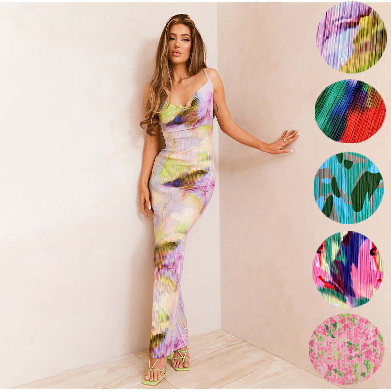 2023 European and American cross-border Russian Amazon popular printed pleated slim slimming sling dress HY009