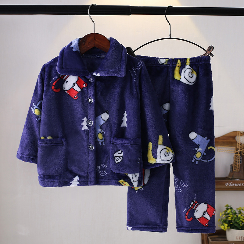 Autumn and Winter Children's Coral Fleece Pajamas Flannel Home Clothes Set Boys Girls Girls Baby Baby Kids Thickened