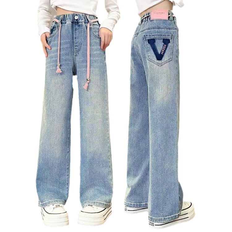 2024 Spring and Autumn New High Waist Straight Middle and Big Children's Wide Leg Pants Casual Children's Loose Autumn Girls' Denim Pants