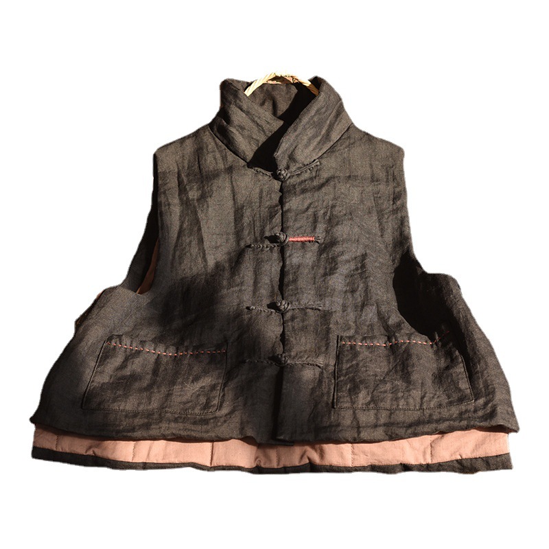 Simo/vêtements pour femmes en coton et lin faits maison gilet en coton à boucle en lin lavé au sable de haute qualité gilet en coton à enroulement rétro_voghion.com
