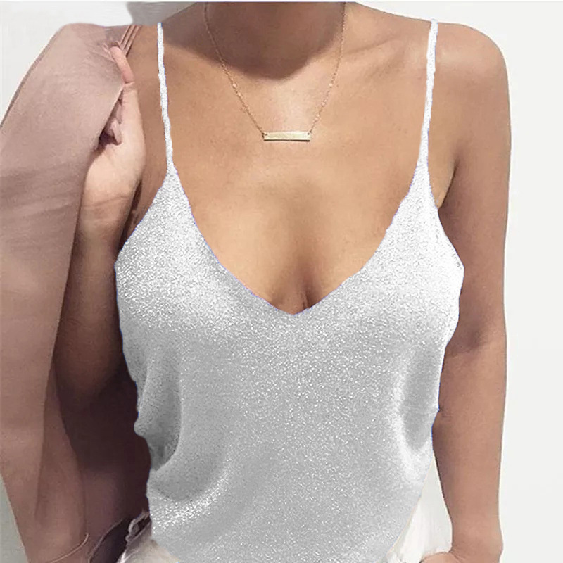 Cross-border Foreign Trade 2022 European and American New Women's Solid Color Deep V-neck Sexy Sling Tight Casual Vest T-shirt for Women
