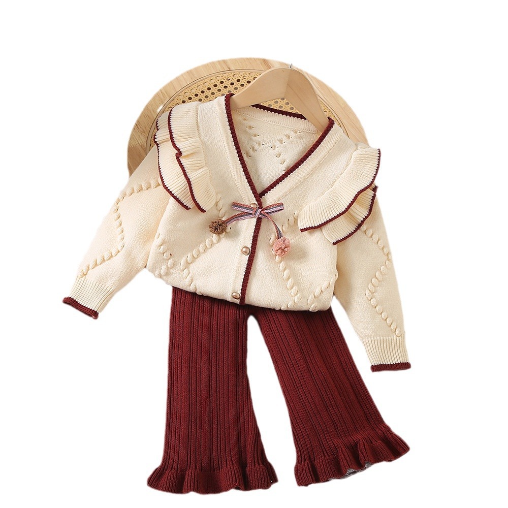 Girls' sweater + flared pants autumn and winter New baby girls' wooden ear open knitted cardigan + Western style flared pants Korean style