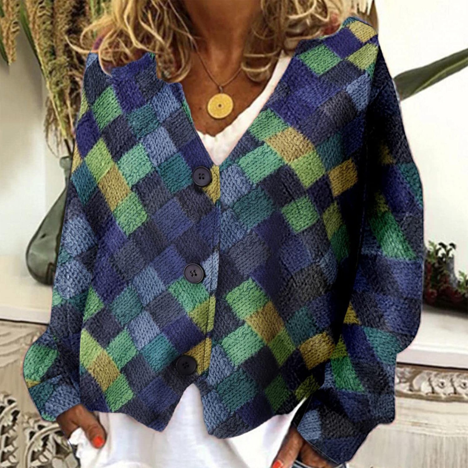 In stock 2023 foreign trade new Amazon spring and autumn casual V-neck button irregular printed coat for women