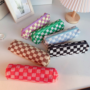 Large Capacity Knitted Pencil Case Korean ins Checkerboard High Value Student Stationery Case Junior High School Students Simple Pencil Case