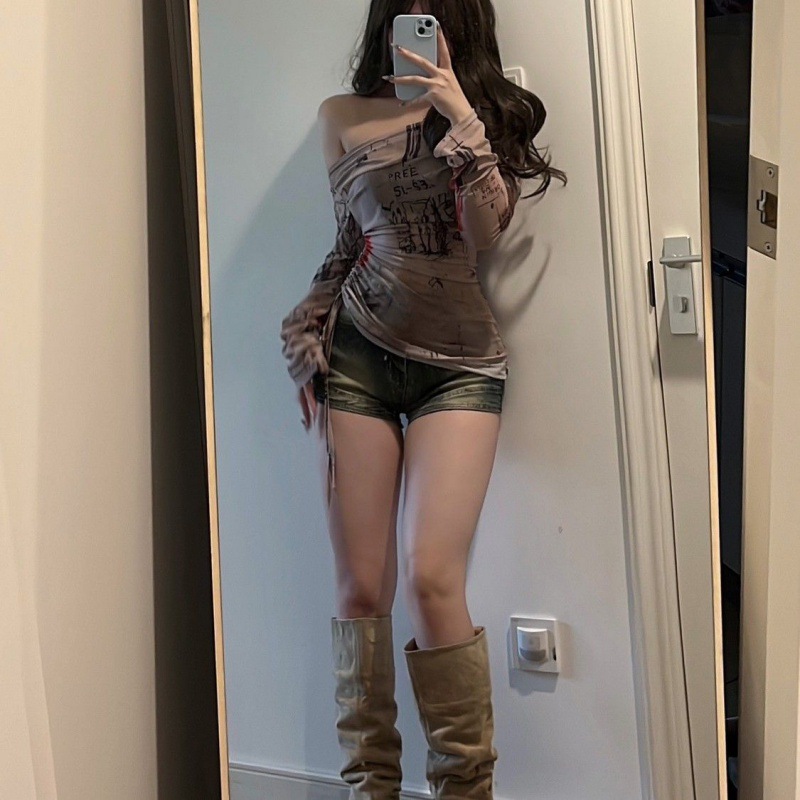 American-style off-shoulder long-sleeved T-shirt women's summer thin mesh graffiti printed irregular drawstring top