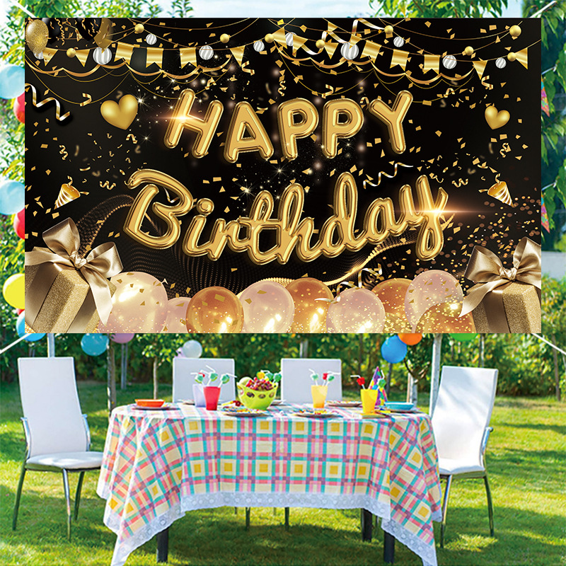 2023 cross-border new flag Black gold polyester printed background cloth birthday party banner hanging flag decorative cloth