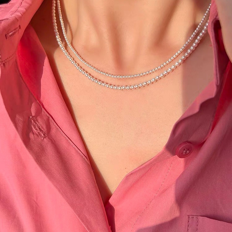 Selected 2mm/3mm Mini Round Pearl 14K Bag Gold Necklace Light Luxury Niche Clavicle Chain