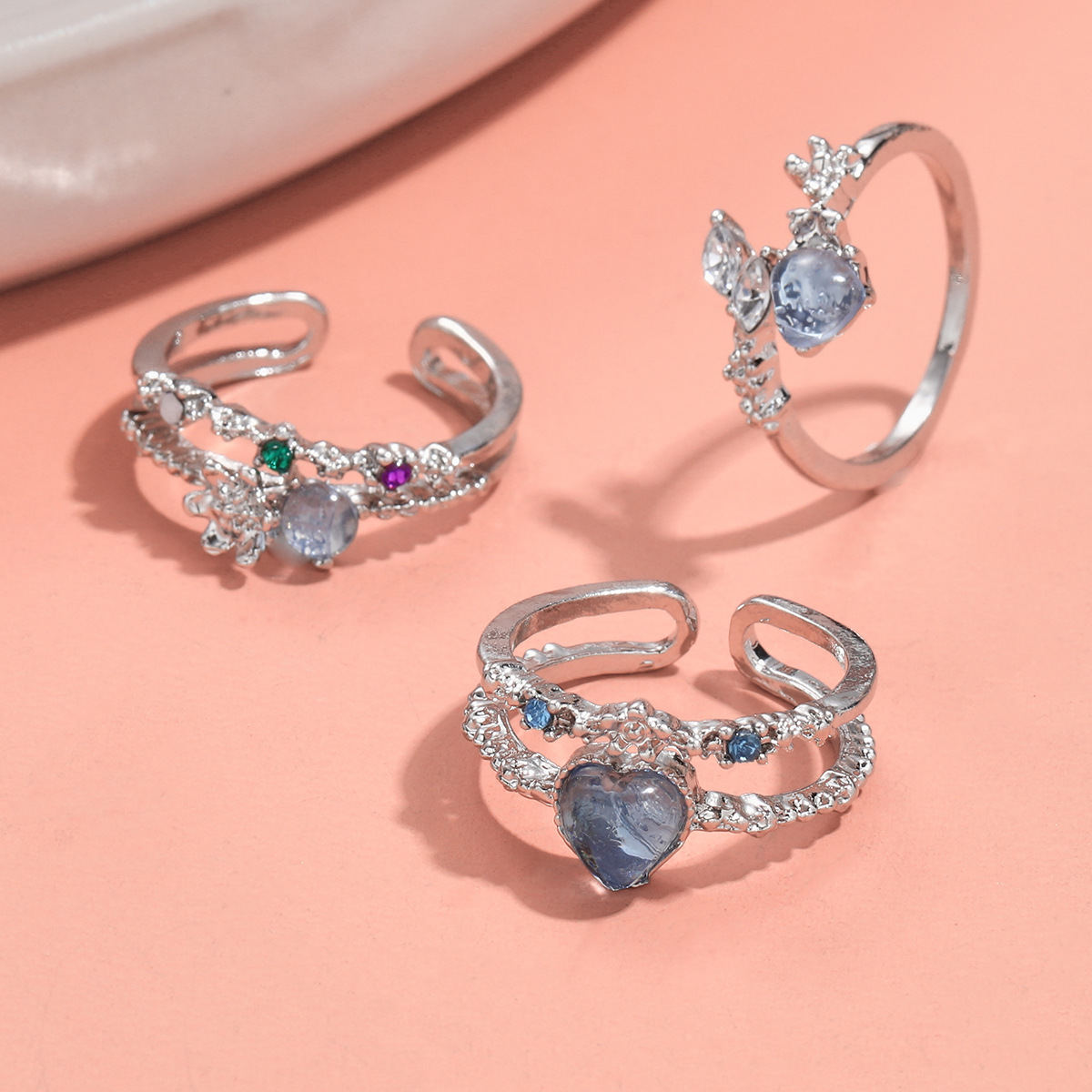 Cross-border navy blue love Moonlight zircon open ring female niche high-grade index finger ring exquisite adjustable ring