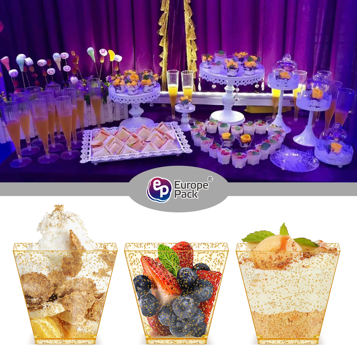 Cross-border Amazon Independent Station 60ml Gold Point Square Trapezoidal Dessert Jelly Milkshake Cup Plus 9.5cm Spoon suit