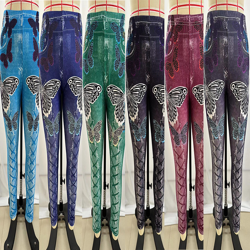 In Stock European and American AliExpress popular women's butterfly print Denim sports leggings plus size breathable