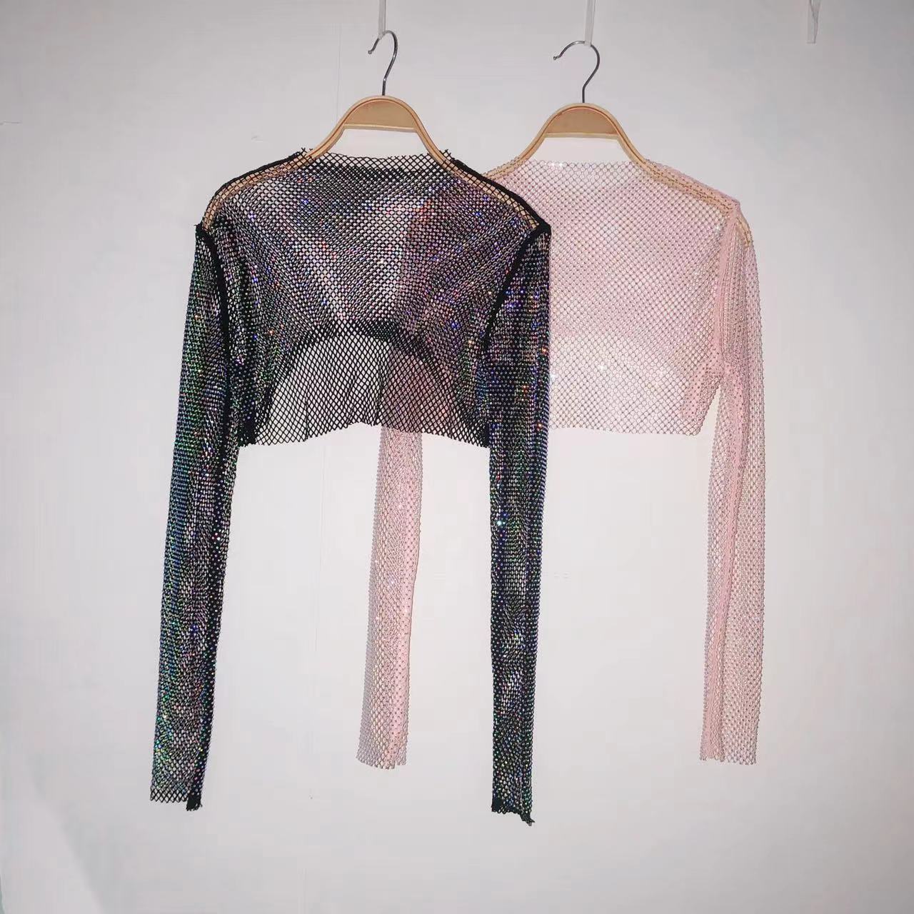 Internet celebrity hot rhinestone Western style short pullover long sleeve suspender skirt with small coat hot rhinestone fishing net top Amazon