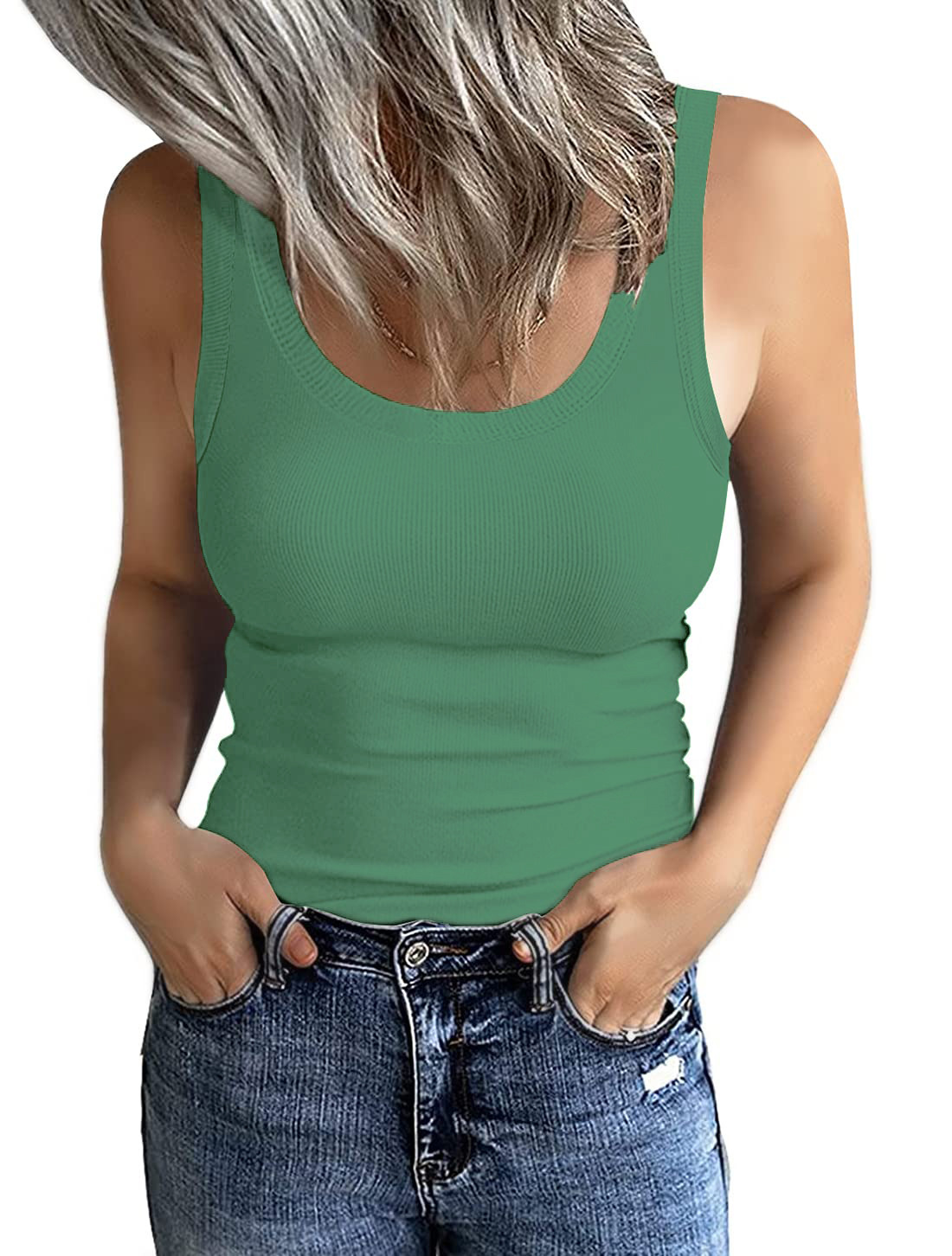 Women's Sleeveless Low Round Neck Rib Vest Slim-fit Basic Camisole T-shirt