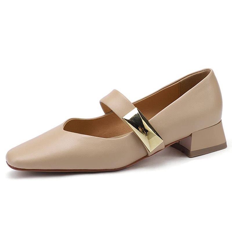 Great wear ~ leather square shoes female thick 2023 spring new versatile French French with Mary Jane women's shoes shallow