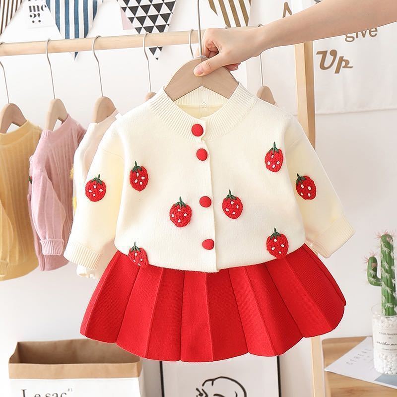Children's knitted sweater dress 2022 New girls' fruit handmade flower two-piece dress baby fashion children's clothing top