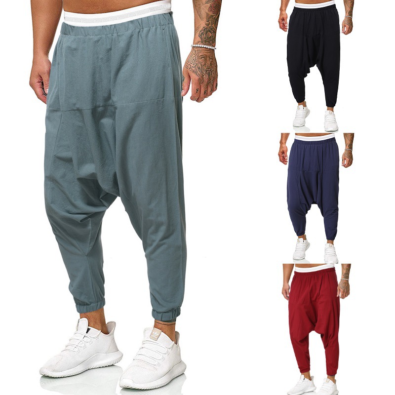 2022 Spring Fashion Cotton and Linen Chinese Style Trendy Men's Casual Loose Cross Pants Youth Large Size Solid Color Trousers for Men