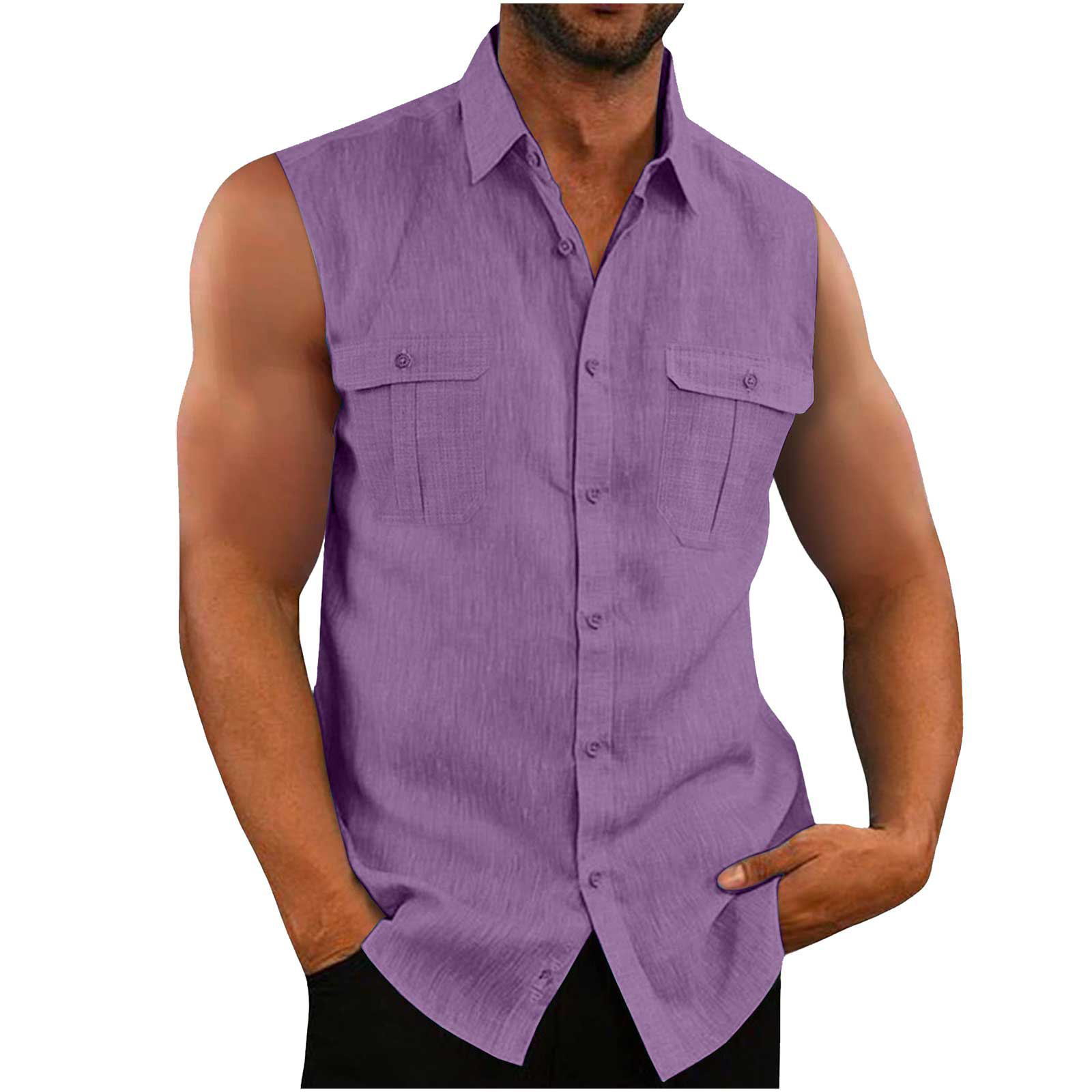 Cross-border AliExpress EBAY European and American men's shirt double pocket cotton linen sleeveless shirt casual vacation shirt