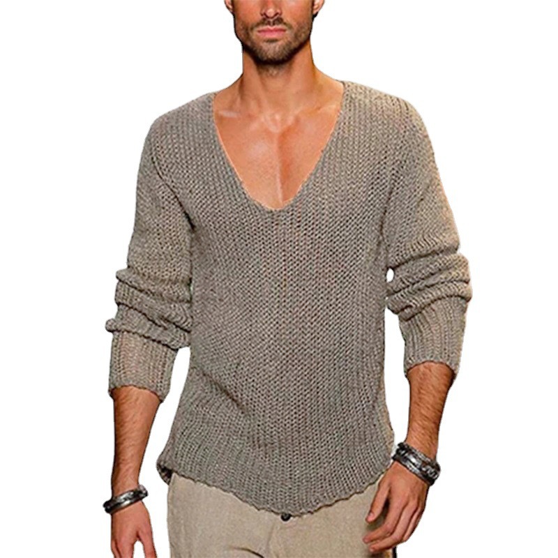 European and American Men's Long-sleeved V-neck Loose Large Size Men's Fashion Casual Solid Color Knitted Pullover Cross-border Sweater