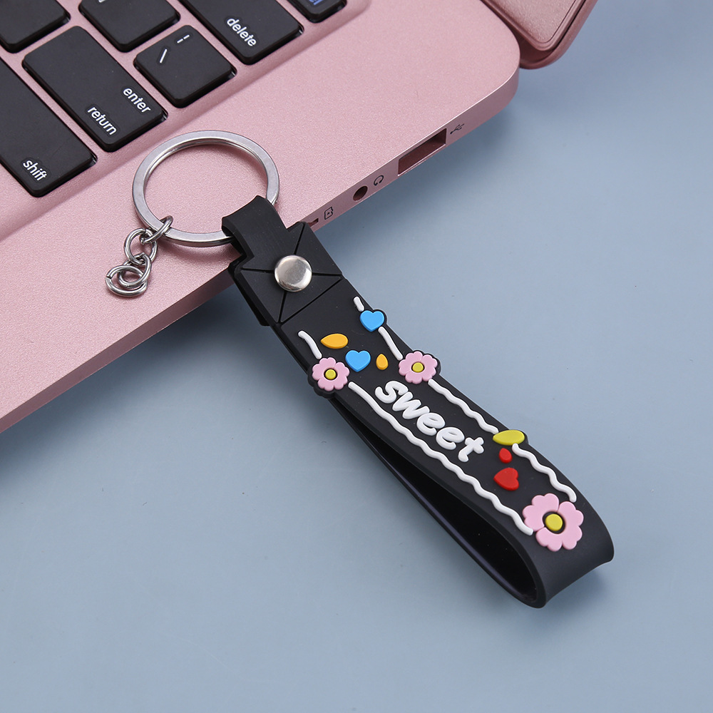 Trendy fashion key chain leather rope wholesale creative letter small flower PVC key chain pendant bag gift lanyard