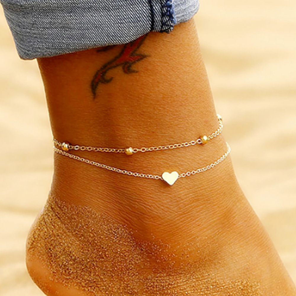 歐美時尚跨境雙層愛心吊墜腳鏈 女士沙灘度假風腳飾 Anklet chain