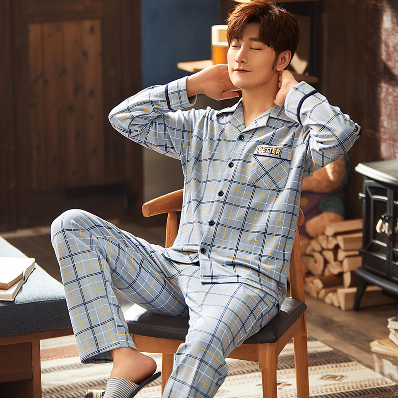 Men's Cotton Pajamas Spring and Autumn Long Sleeve Cardigan New Spring and Autumn Youth Men's Simple Home Clothes suit