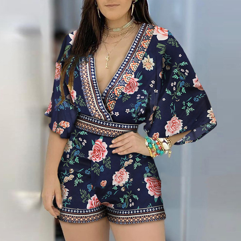 Spring and summer new European and American foreign trade Amazon wish cross-border local printing deep V one-piece shorts women's spot