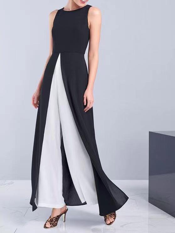 2021 Neues ärmelloses, figurformendes, kontrastierendes Anzughosen-Set in Schwarz und Weiß (langer Rock + Hose)_voghion.com