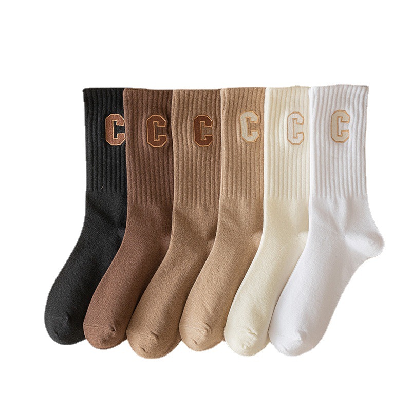 Socks Women's Spring and Autumn Cotton Mid-length Socks Autumn Stocking ins Trendy Long Barrel Letter C Outer Wear Shark Pants Trendy Stocking