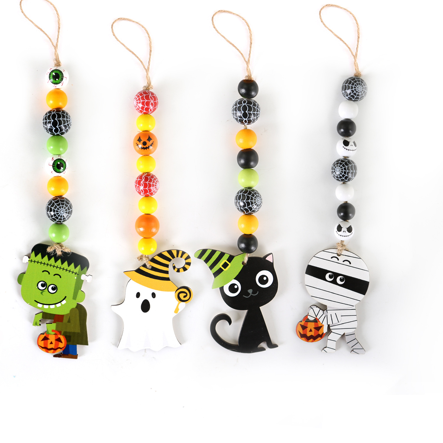 Halloween Wooden Bead String Tassel DIY Ghost Black Cat Hangtag Tassel Party Carnival Decoration Pendant Beaded Hanging