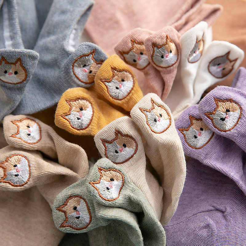 spring-summer-new-womens-short-socks-cartoon-cat-embroidery-low-cut-boat-socks-cotton-ankle-small-ears