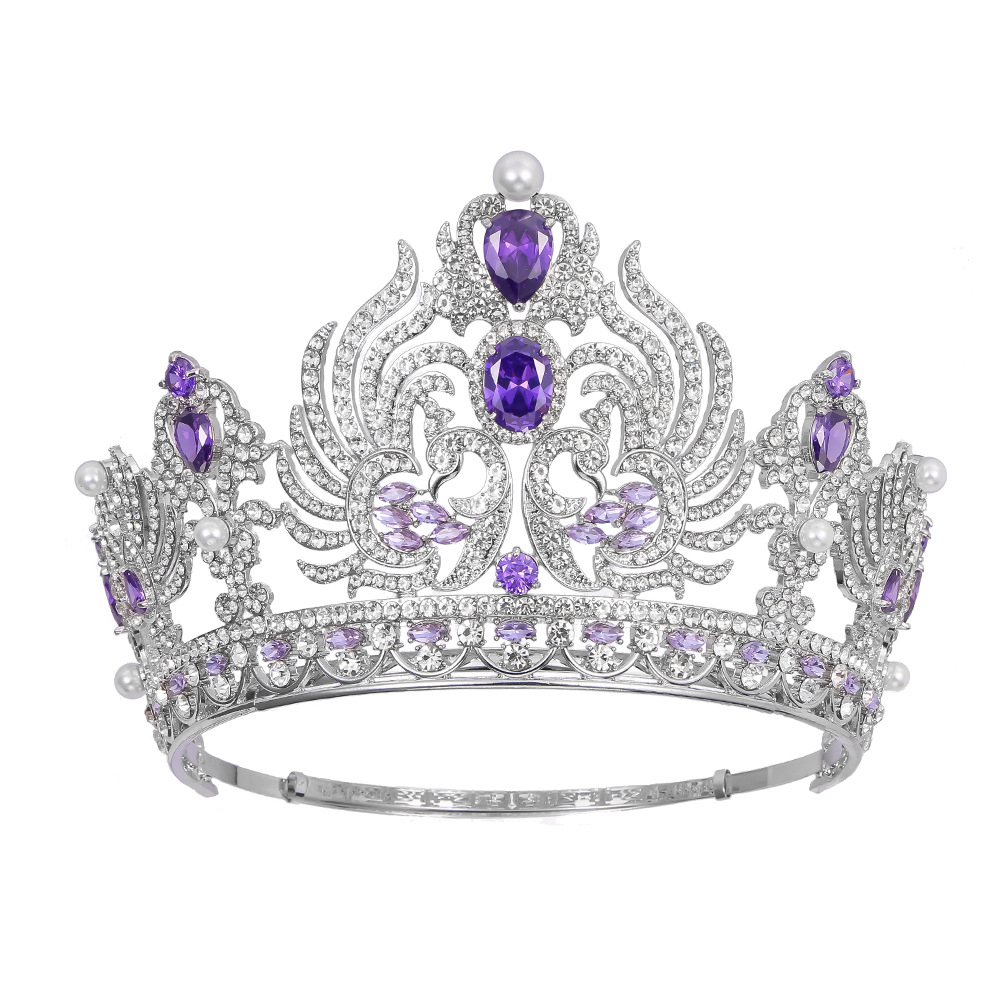 European and American large purple zircon Crown Bride catwalk crown hair accessories Laurel Baroque crown high-grade round crown