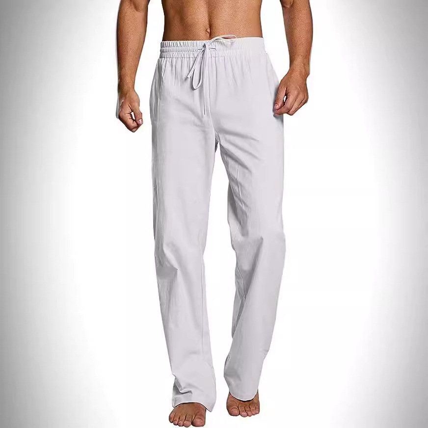 2023 men's cotton and linen trousers spring and autumn solid color Breathable linen trousers men's casual elastic waist fitness pants foreign trade
