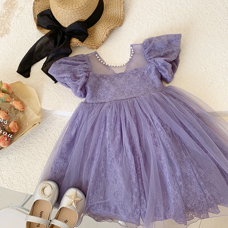 Girls' Short-sleeved Dress 2023 Summer New Children's Mesh Princess Dress Children's Bow Dress Trendy