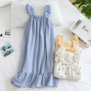 Summer Baby Cotton Gauze Bubble Gauze Cool Ruffled Fresh light blue Sling Pajamas Home Clothes Nightdress