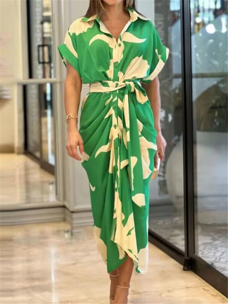 Amazon European and American 2024 Summer new women's shirt tight waist short sleeve dress lapel printed holiday dress