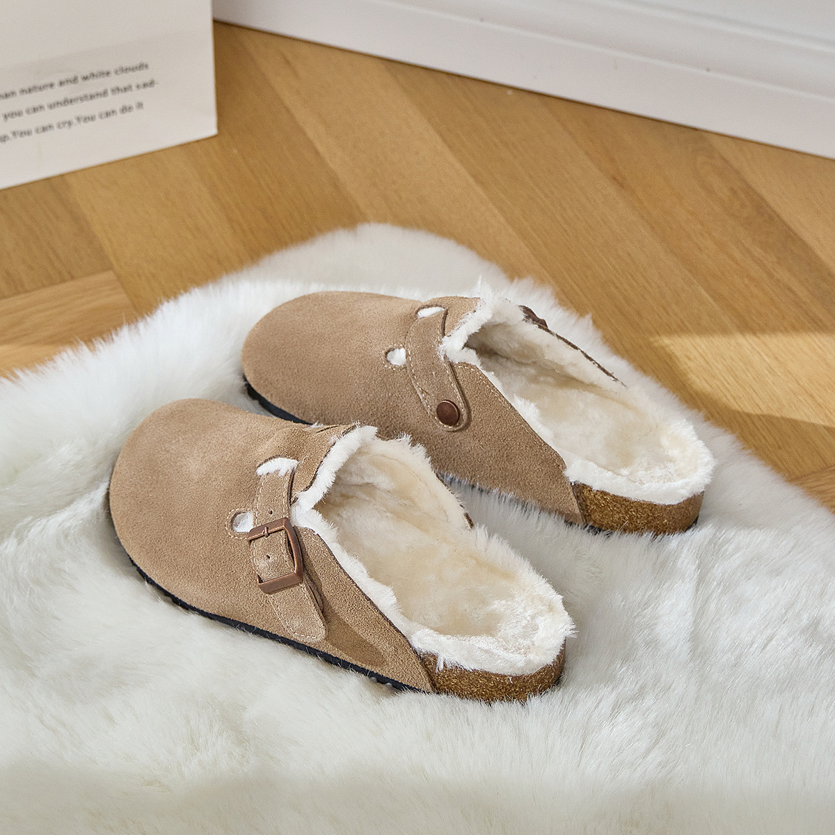 Boken shoes fleece-lined thick genuine leather suede snow shoes 2023autumn and winter New fleece-lined closed toe half slippers cotton shoes