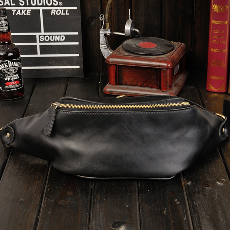 New waist bag men's casual crossbody chest bag Crazy Horse Leather large capacity cashier phone bag casual retro men's bag