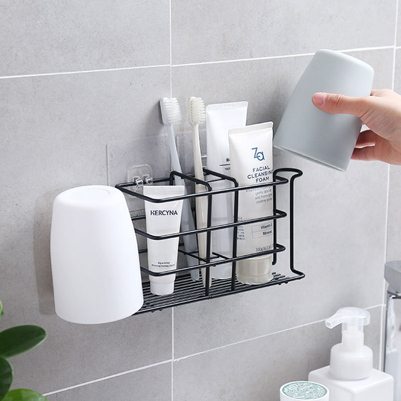 Wall-mounted toothbrush rack non-perforated toilet toothbrush rack storage gargle Cup Set iron tooth cup holder
