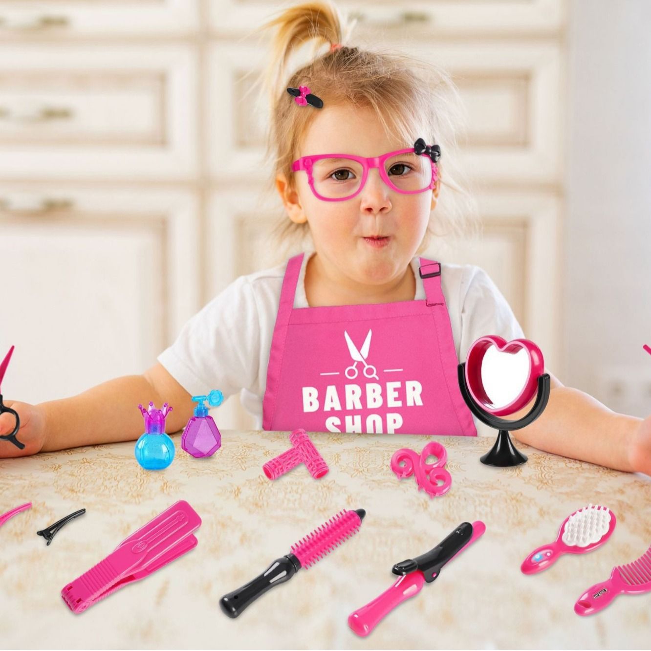 Cross-border Hot Selling Girls Play Home Hairdressing Tools Simulation Hair Dryer Curling Rod Apron Play Barber Toy