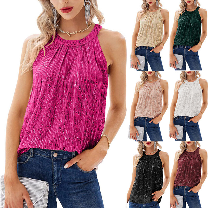 2023 Summer Europe and the United States Amazon cross-border new solid color hanging neck female sequin sense micro-elastic sling sequin vest