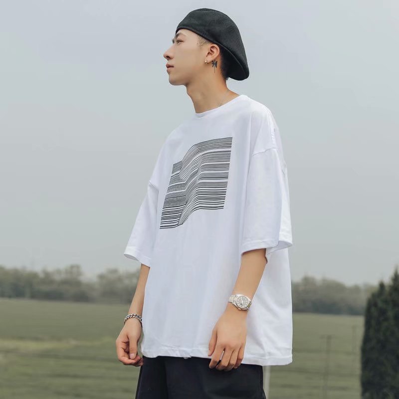 Factory Direct Supply Summer Stripe Printed Short-sleeved T-shirt Men's Fashion Brand Handsome Round Neck Half-sleeved Loose ins T-shirt
