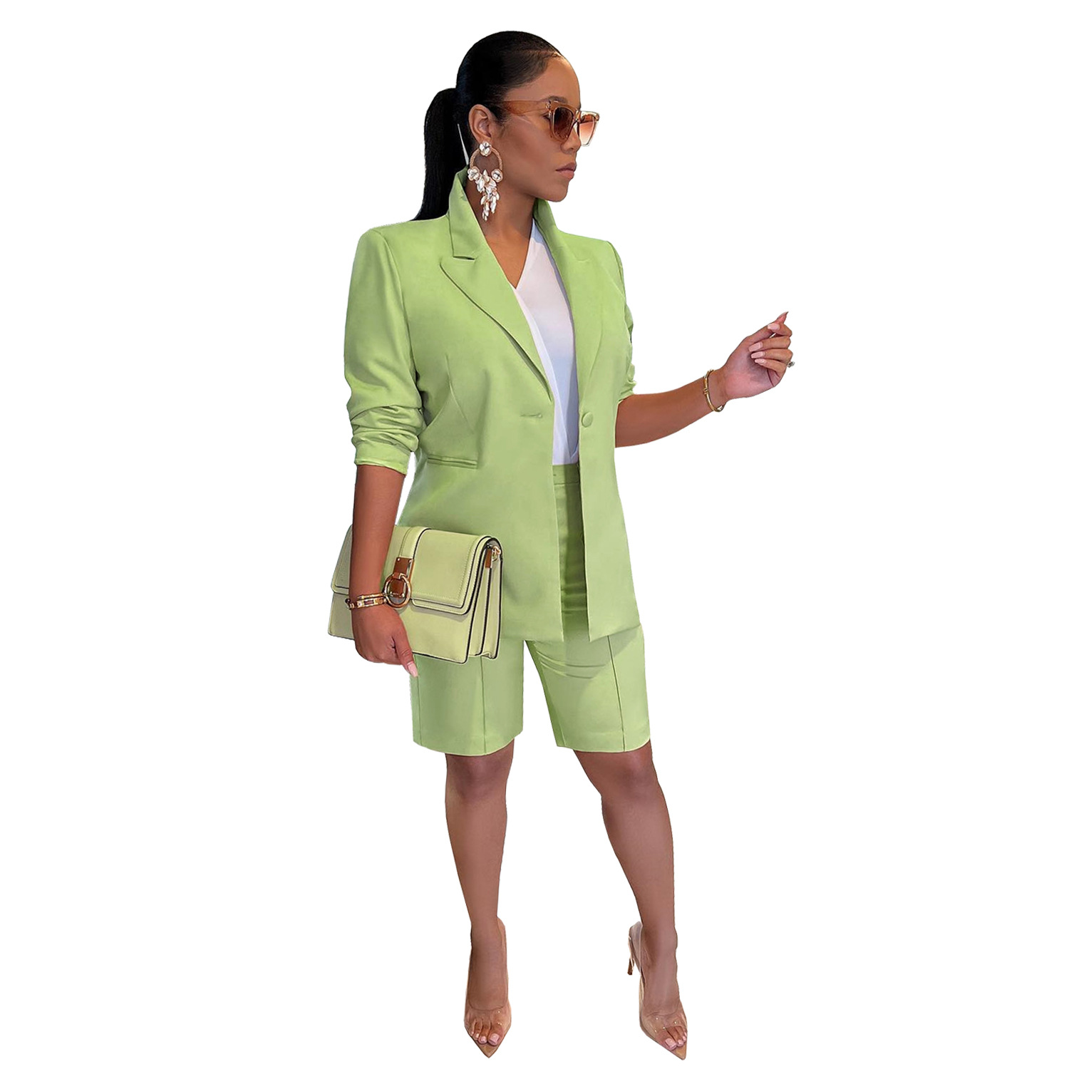 AL205 Amazon Independent Station European and American Women's Suit Jacket Shorts Set OL Office Commuting Solid Color Spring and Autumn