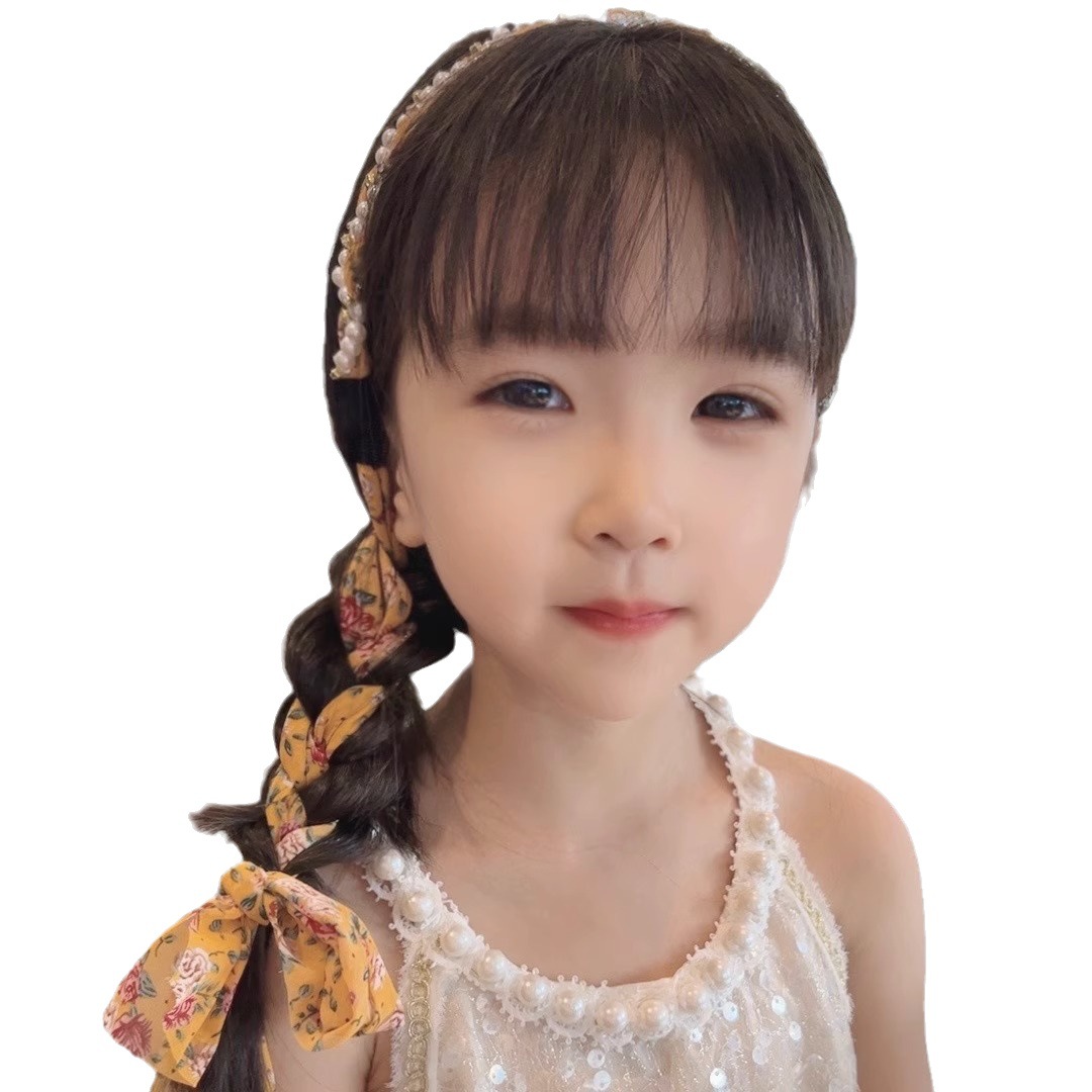 Children's braided hair scarf floral ribbon hair band integrated hair rope girl's pearl headband ponytail hair tie hair rope summer