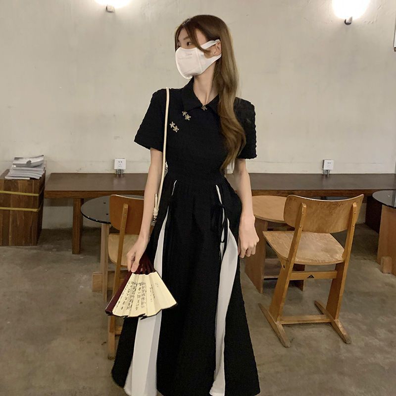 Improved Cheongsam Tea Break French Elegant Black Dress Short Long Dress 2024 New Women's Clothing